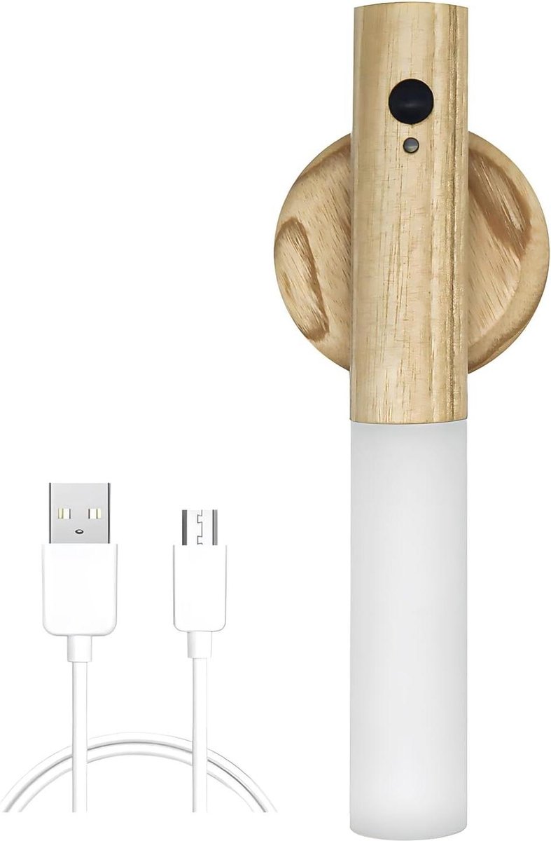 Houten wandlamp met bewegingsmelder warmwit draadloos op te laden wandlamp met schakelaar magnetische bedlamp voor binnen trapverlichting slaapkamerverlichting