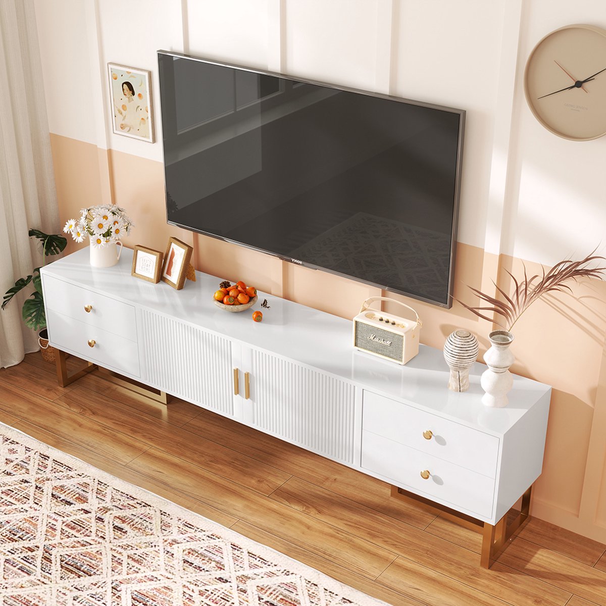 Modern TV-meubel 2m met 3 deuren en 2 glazen vakken - Zwart & Naturel