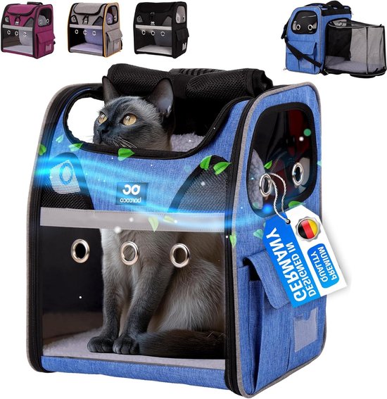 Lekespring Kattenrugzak – Uitbreidbare, Opvouwbare Huisdierdrager Voor Katten & Honden Tot 12 Kg – XL, Blauw – Met Veiligheidslijn, Matje, 4 Ingangen, Waterafstotend 300D Oxford – Ideaal Voor Reizen, Kamperen & Vliegreizen