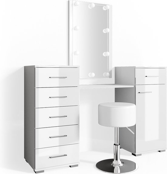 Coiffeuse Zoey Avec Miroir LED Et Tabouret - Vicco - Blanc/gris - Moderne - 120 Cm