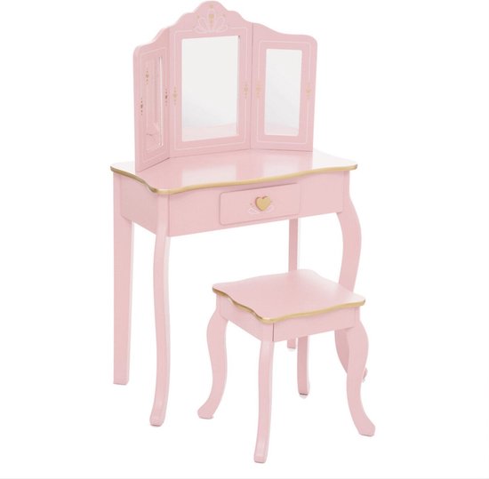 Atmosphera Kids Sisi Kaptafel - Tafel hartje met krukje - Lichtroze met gouden afwerking