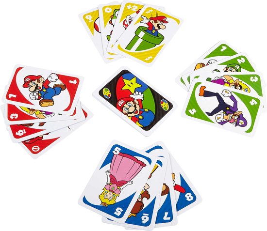 UNO Super Mario speelkaarten met Mario, Luigi, Peach, Bowser en Waluigi.