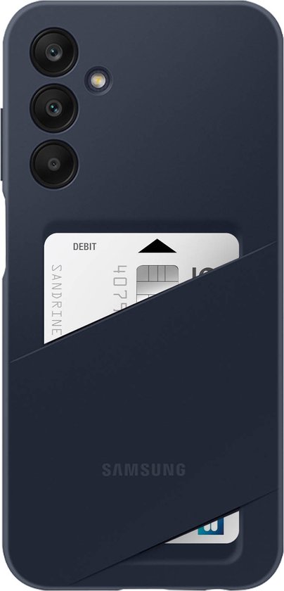 Donkerblauwe telefoonhoes met een creditcard in het schuine kaartvak. Samsung logo zichtbaar.