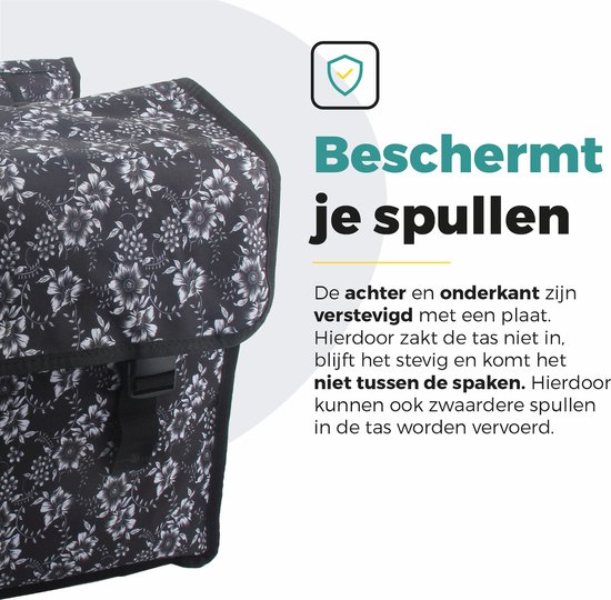Voltano Dubbele Fietstas Floral Elegance - Zwart Met Witte Bloemen - 38 Liter - 100% Waterdicht Polyester - Vrolijke Fietstassen van Voltano — afbeelding 2
