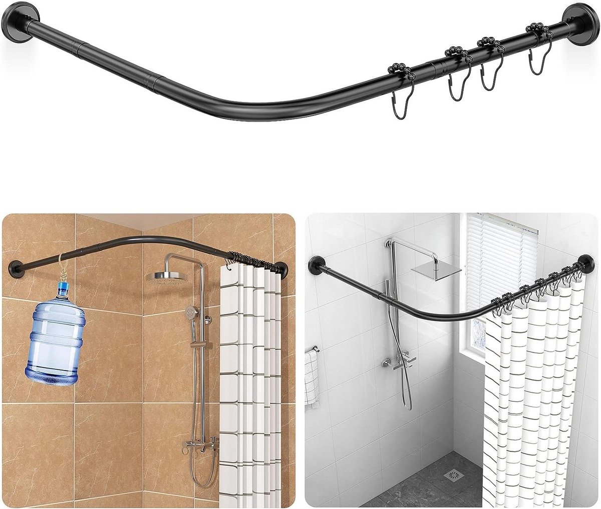 Verstelbare L-vorm Douchegordijnstang - 18 ringen - Roestvrij - Zwart - 70-100×70-100cm