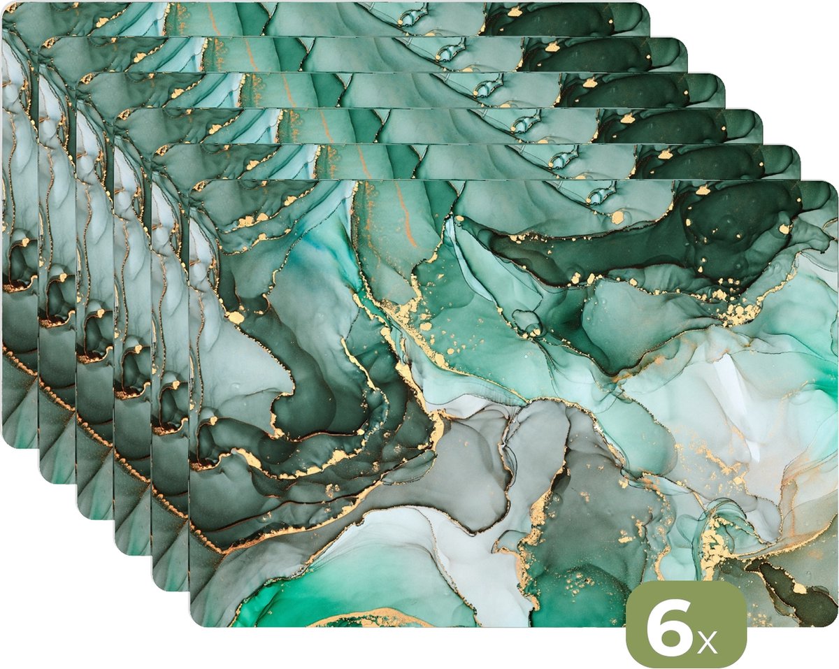 Placemats - Marmer print - Groen - Goud - Chiq - Onderleggers placemat - 45x30 cm - 6 stuks