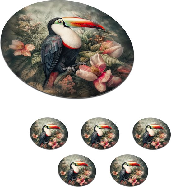 Sous-verres pour verres - Rond - Toucan - Vogels - Fleurs - Plantes - Tropical - 10x10 cm - Sous-verres en verre - 6 pièces