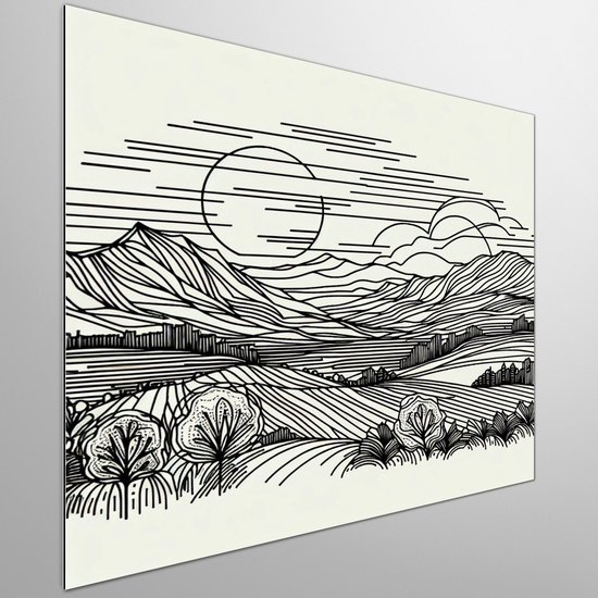 Line art landschap schilderij | Schets van grenzeloos landschap: een lijnenspel van verbeelding | Kunst - 20x20 centimeter op Dibond | Foto op Dibond