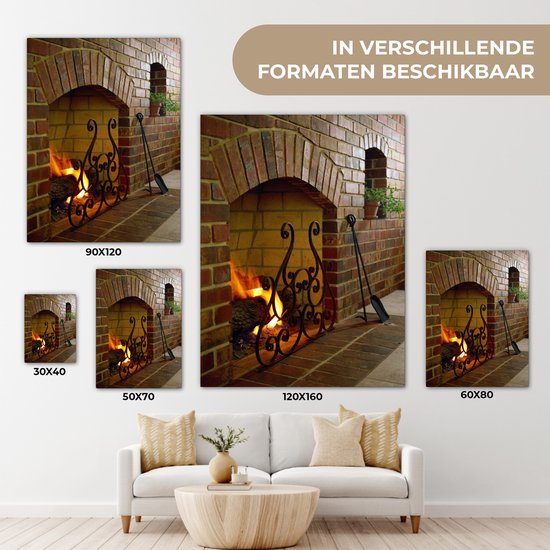 Feu dans une cheminée 120x160 cm - Tirage photo sur toile (Décoration murale salon / chambre) XXL / Grand format!