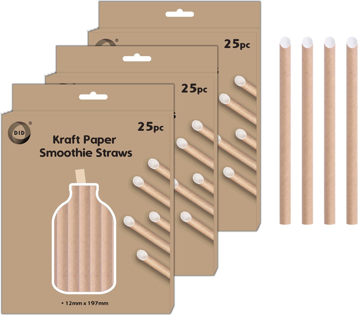 DID Kraftpapier smoothie rietjes - 75x stuks - naturel - 20cm x 1.2cm - drinksmoothie rietjes - wegwerpsmoothie rietjes - bubble tea rietjes