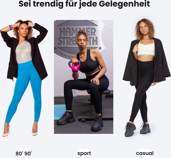 Drie looks met een vrouw in verschillende outfits: links in blauwe legging met hakken, midden in zwarte sportlegging met sportbeha, rechts in zwarte legging met blazer.