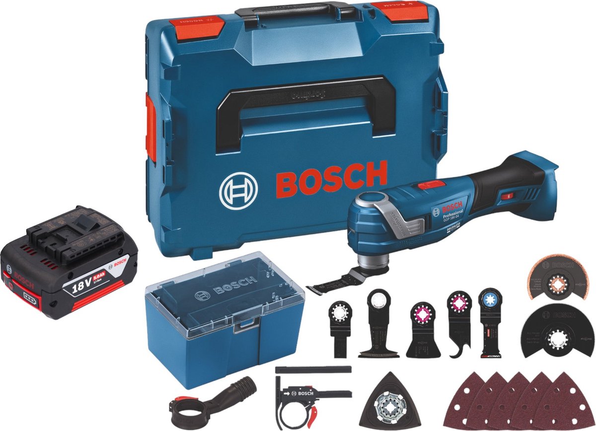 Bosch GOP 18V-34 Professional accu-multicutter 18 V Starlock Plus + 1x accu 5,0 Ah + 17-delige accessoireset + L-Boxx - zonder oplader