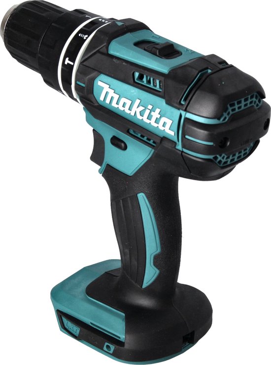 Turquoise en zwarte Makita accuboormachine, schuin van voren.