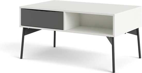 Table basse avec un tiroir gris et un compartiment ouvert, sur quatre pieds noirs inclinés.