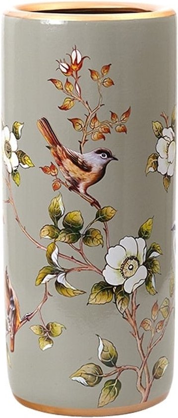 Cilindrische grijze keramische vaas met handgeschilderde vogels en witte bloemen, afgewerkt met gouden randen.