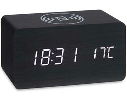 Giftdecor Tafelklok/wekker Josimity - zwart - MDF - 15x7 cm - Digitale tijd - temperatuur - opladen - batterij/usb voeding