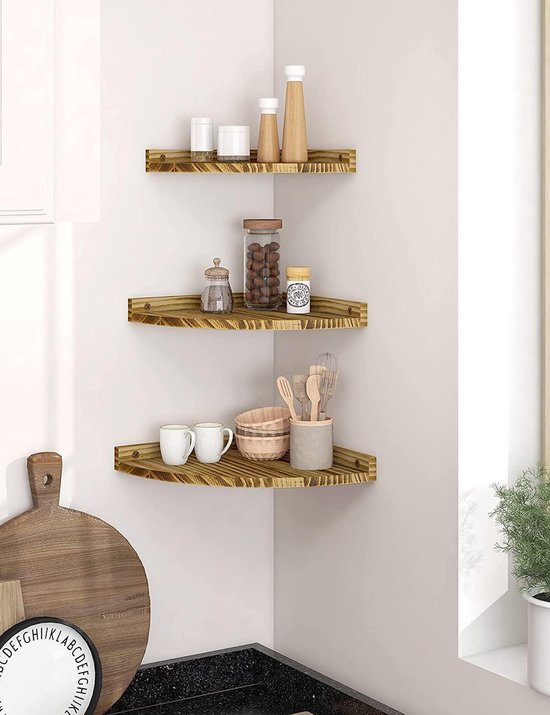 Wooden Rek Hangend Houten hoekrek - 3-delige set zwevende hoekplanken - Rustiek ...