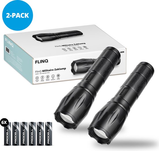 Foto: Flinq militaire zaklamp 6 duracell batterijen zaklamp led 1000 meter aluminium 2 pack zwart