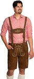 Homme portant une chemise à carreaux rouge et blanc et une culotte de leder brune avec bretelles et détails brodés.