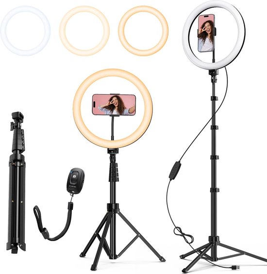 Foto: Verstelbaar ringlicht met diverse lichtstanden en afstandsbediening fotolicht voor perfecte belichting ideaal voor video opnames en streaming