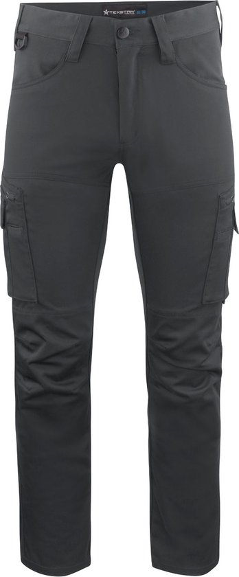 Grijze stretch werkbroek met cargozakken op de zijkanten en kniestukken.