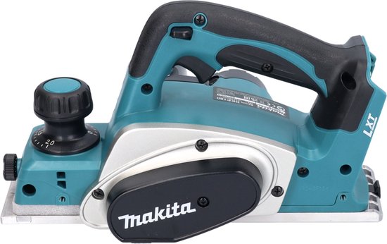 Turquoise en zilvergrijze Makita schaafmachine met zwarte grepen.