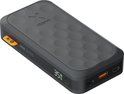 Donkergrijs powerbank met Xsorm logo, reliëfpatroon, 35W 20.000 mAh en digitaal display.