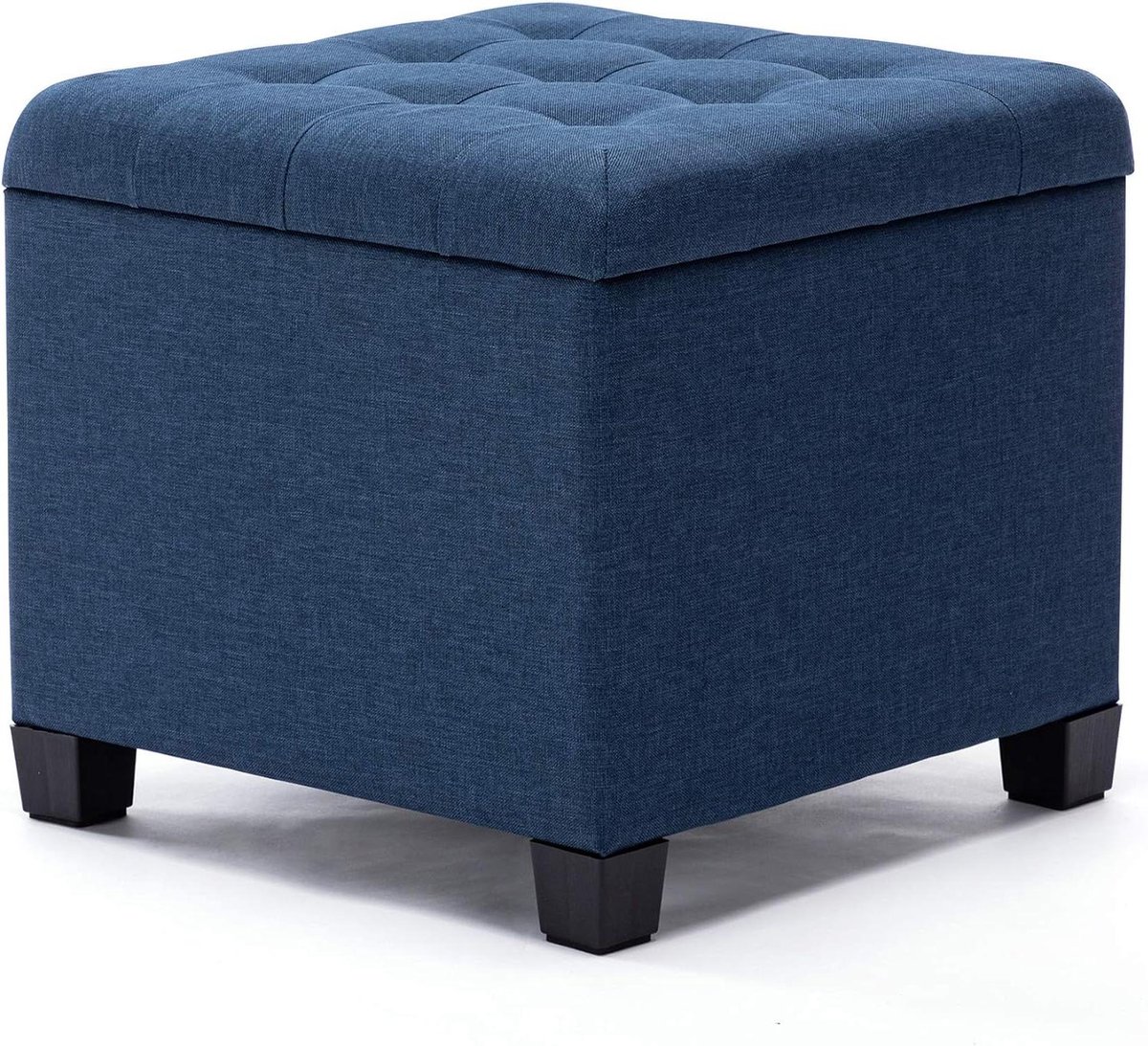 Voetenbank opbergdoos - 45 cm kubus - sterk houten frame - linnen - marineblauw - slaapkamer - woonkamer