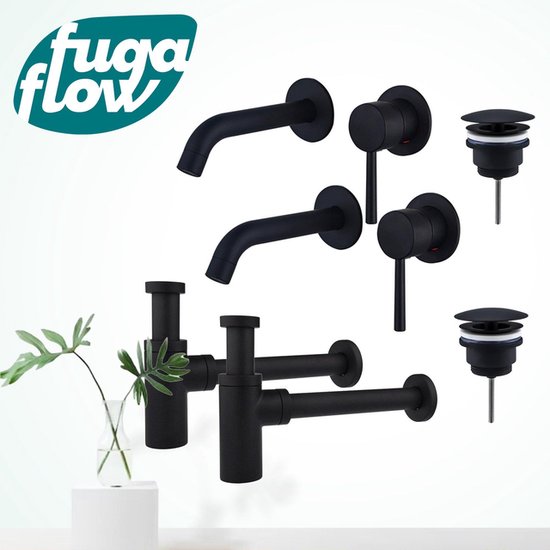 FugaFlow Eccelente Sobrado Bathroom Slim Ensemble de robinetterie pour lavabo - pour double vasque - robinet de lavabo intégré - bouchon toujours ouvert - siphon design - Noir mat - Black Friday -