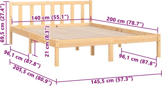 The Living Store Cadre de lit en bois de pin massif 140x200 cm - Cadre de lit - Cadre de lit - Cadre de lit - Cadres de lit - Lit - Lits - Lit simple - Lits simples - Lit simple