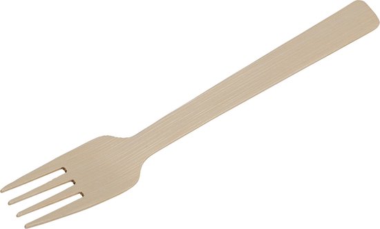 Één naturelkleurige bamboe vork, 17 cm lang, op een witte achtergrond.