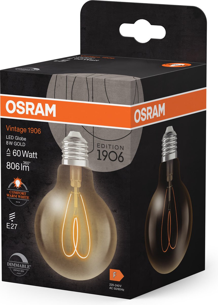 Osram Vintage 1906 Globe ist eine warmweiße dimmbare LED-Lampe in klassischer Ballform mit Filament. Sie bietet 8 W für 806 lm E27 Fassung goldfarbenes Glas 80 mm Durchmesser 2200 K EEK F