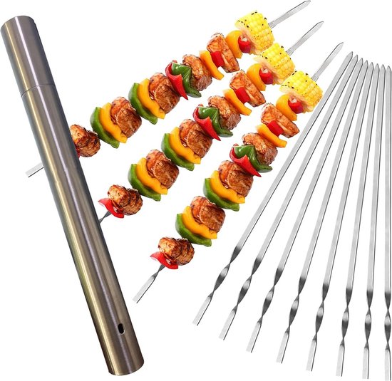 10 STKS Kebab Spiesjes Roestvrij Staal BBQ Kebab Vlees Spiesjes Set, Platte Herbruikbare Metalen Spiesjes Voor BBQ, Cocktail, Party Essentials