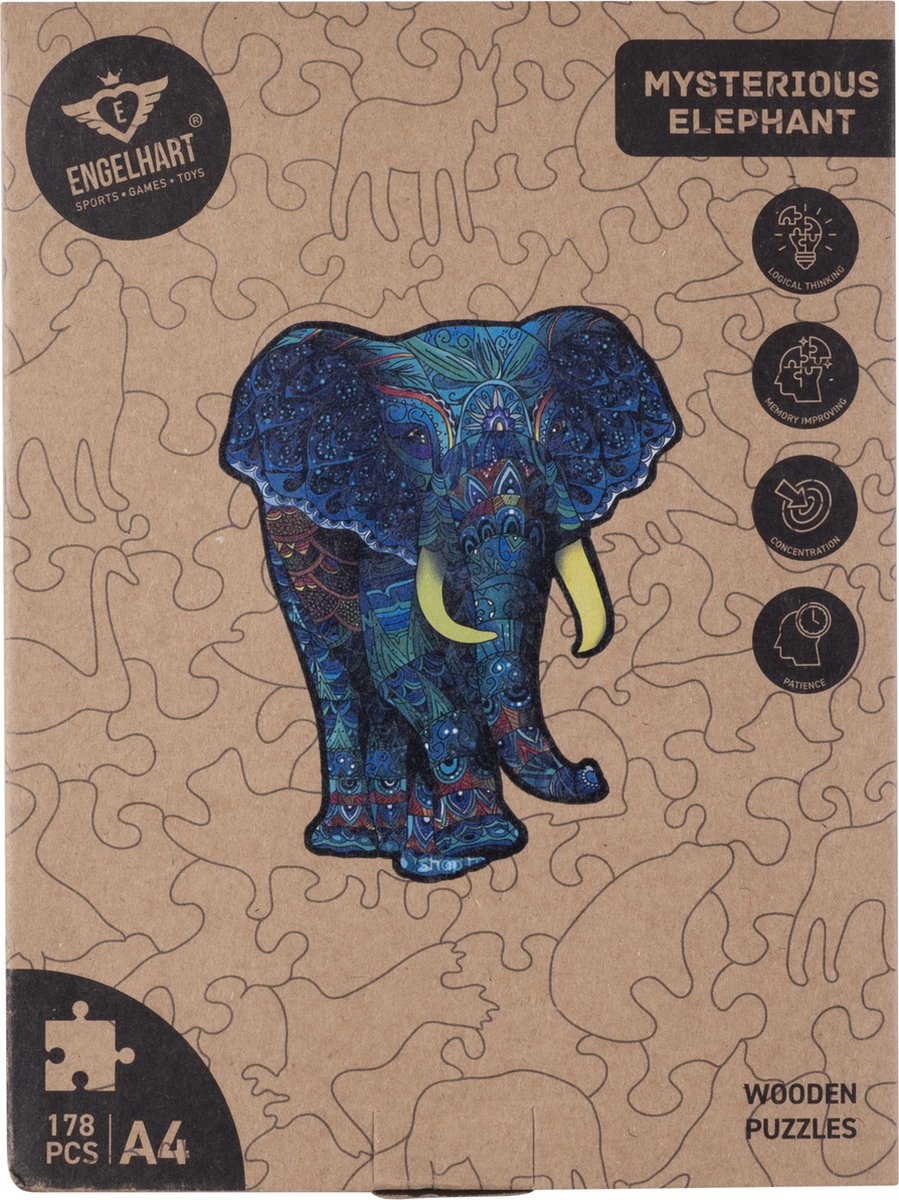Houten Puzzel Olifant – 178 Unieke Puzzelstukjes – A4 Formaat Houten Legpuzzel – Dieren Puzzelspel – Uitdagend Denkspel – Inclusief Opbergetui – Engelhart — afbeelding 11