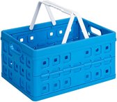 Gedetailleerde opname van een helderblauwe Sunware vouwkrat met witte handgrepen.