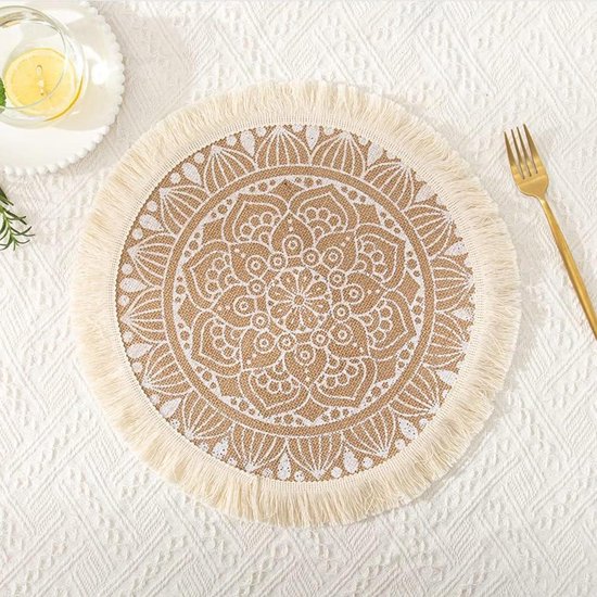 Relaxdays placemat, gevlochten, set van 6, voor op tafel, ronde onderleggers, 36 cm, tafeldecoratie, natuur/wit