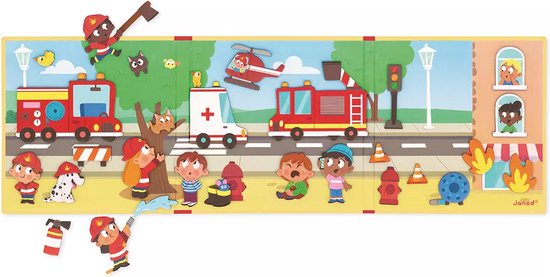 Jeu magnétique sur le thème des pompiers: camions de pompiers, ambulance, pompiers, policiers et un dalmatien.