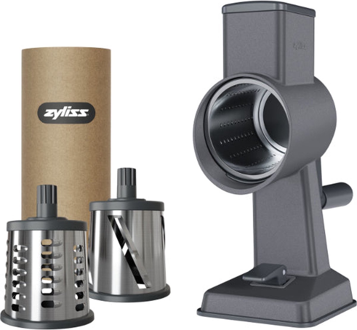 Zyliss Gourmet Trommelrasp - Multifunctionele Rasp met 3 Trommels - Incl. Opbergkoker - Aluminium - Grijs