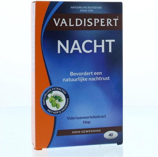 Doosje Valdispert Nacht met valeriaanwortel en hop, bevordert natuurlijke nachtrust.