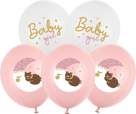 Foto: Baby girl ballonnen pastel lichtroze en wit maan en beer 6 stuks 30cm