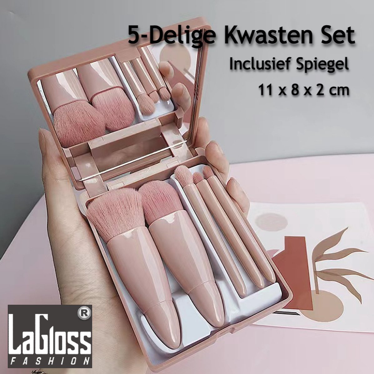 LaGloss® Reisvriendelijke Make-up Kwasten Set met Spiegel - 5-Delige Oudroze Beauty Set - 11 x 8 x 2 cm