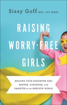 Boek 'Raising Worry-Free Girls' met een meisje in superheldenkostuum met gele masker en roze cape.