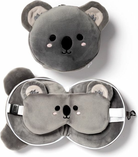 Relaxeazzz Koala knuffel/reiskussen/slaapmasker - 2-in-1 set - voor kinderen- in vliegtuig of auto