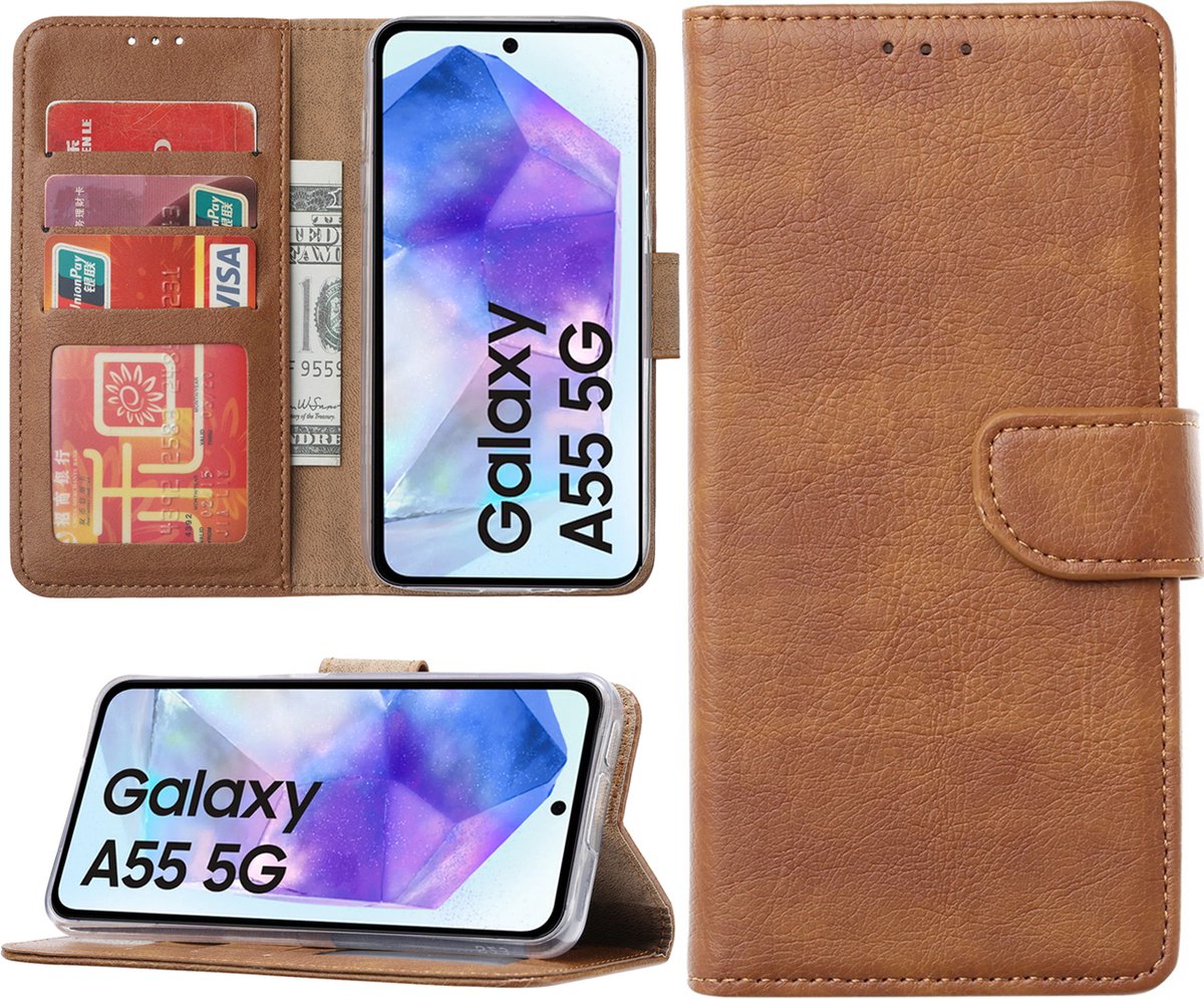 Hoesje geschikt voor Samsung Galaxy A55 bookcase met pasjeshouder - Bruin