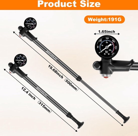 Verende Vork Demperpomp Hogedruk met Manometer - 300 psi - Fietsbanden Schokdemper MTB Mini Fietspomp - Verende Vork Achtervering Rolstoel Schrader Presta — afbeelding 2