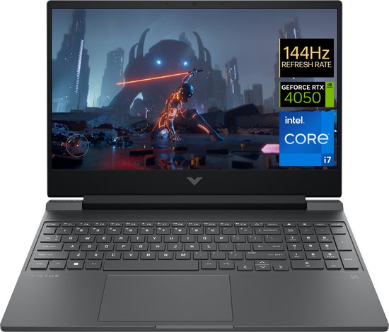 Zwarte HP Victus gaming laptop met verlicht toetsenbord en scherm met 144Hz, RTX 4050 en Intel Core i7 processor.