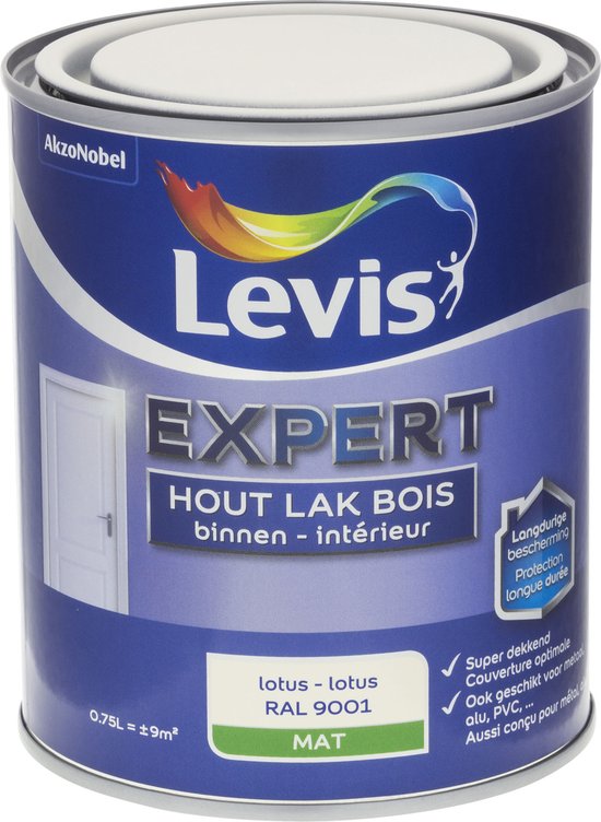 Boîte Levis EXPERT Vernis bois intérieur mat Lotus RAL 9001. Avec un logo arc-en-ciel et une image d'une porte blanche.