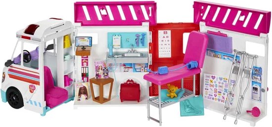 Barbie ambulance open met een speelset die een spreekkamer, onderzoekstafel en accessoires bevat.
