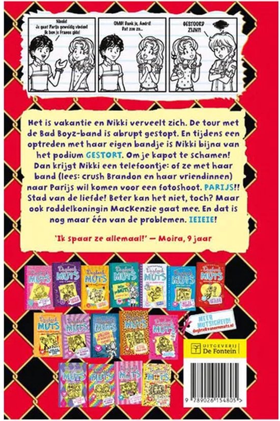 Boekomslag van Dagboek van een Muts 15: Droomreis Parijs?! met stripverhaal bovenaan en een verzameling boeken onderaan.