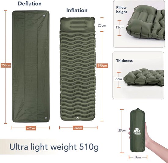 Opblaasbare luchtmatras camping slaapmat voor buiten - vochtbestendig waterdicht en antislip - HERBRUIKBAAR (legergroen met kussen) van Merkloos — afbeelding 2